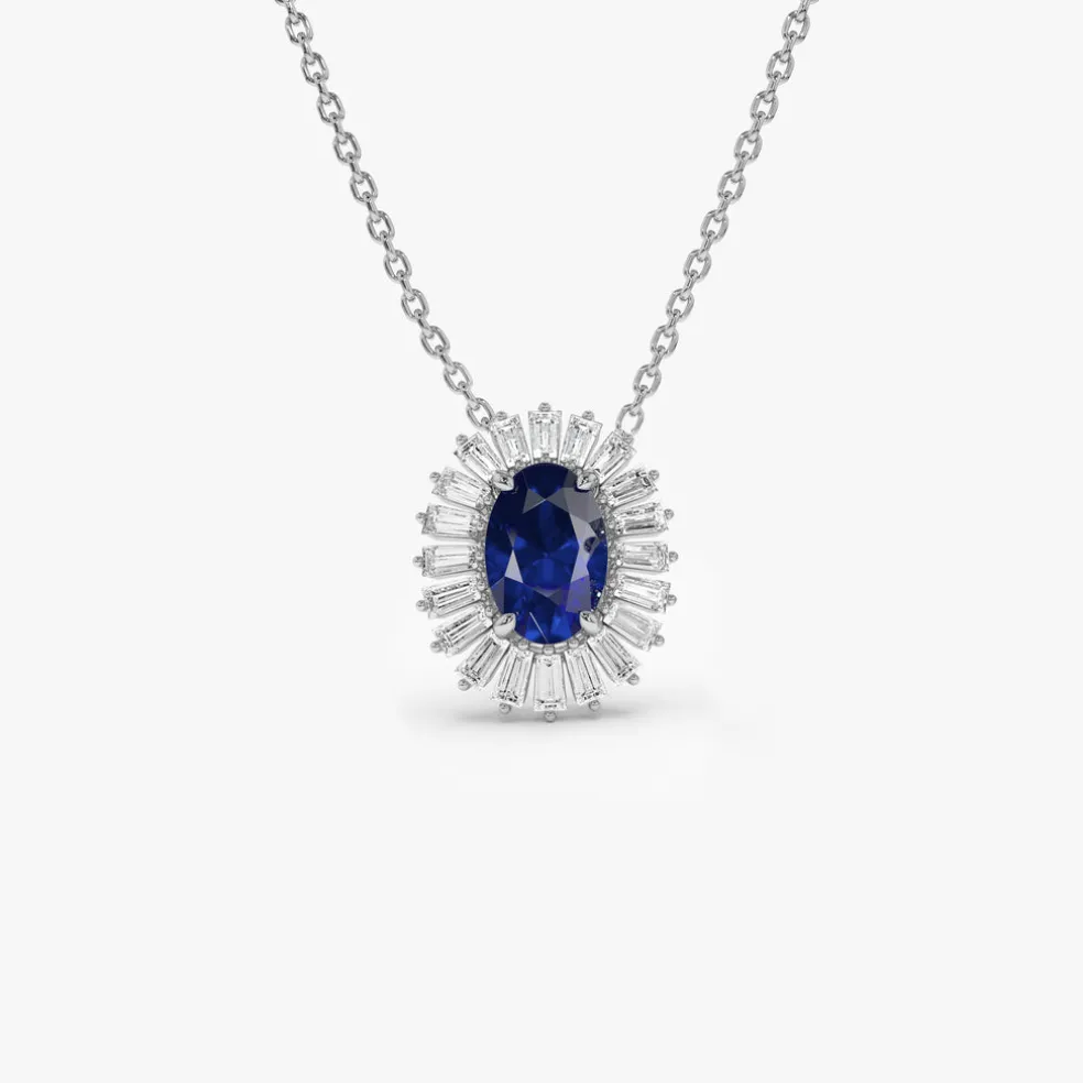 14k Oval Shape Sapphire with Baguette Halo Setting Necklace