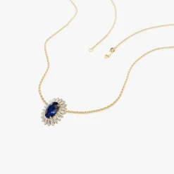 14k Oval Shape Sapphire with Baguette Halo Setting Necklace