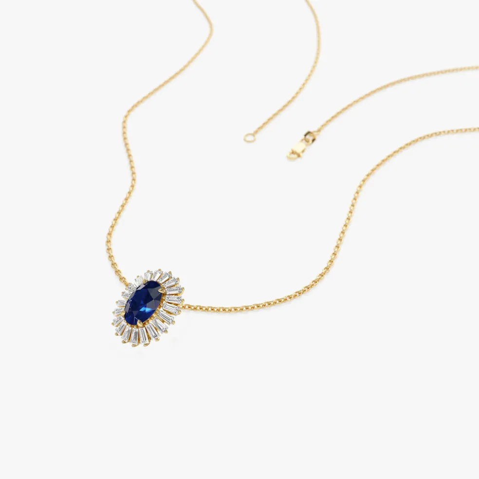 14k Oval Shape Sapphire with Baguette Halo Setting Necklace