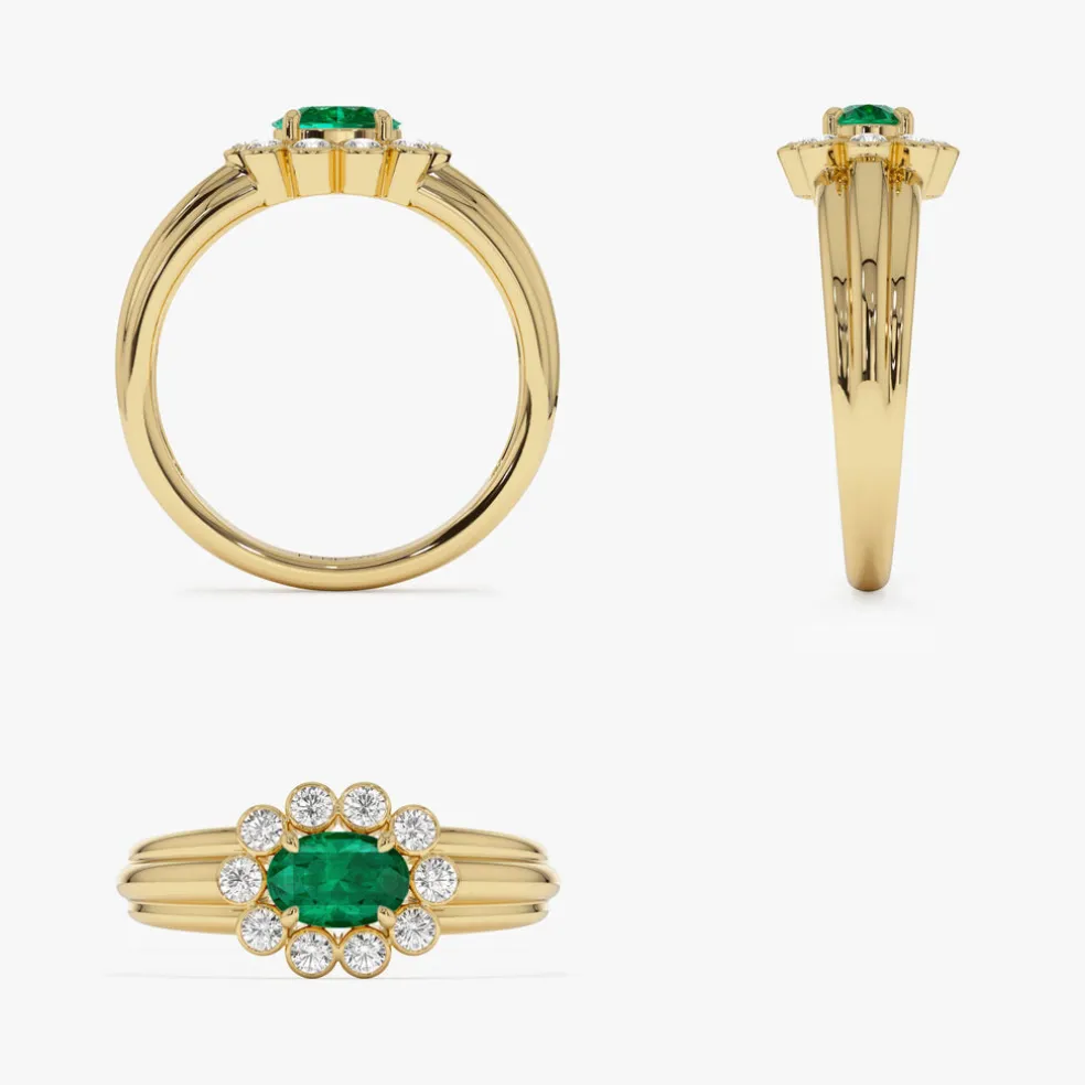 14k Oval Shaped Emerald with Bezel Hale Setting Ring