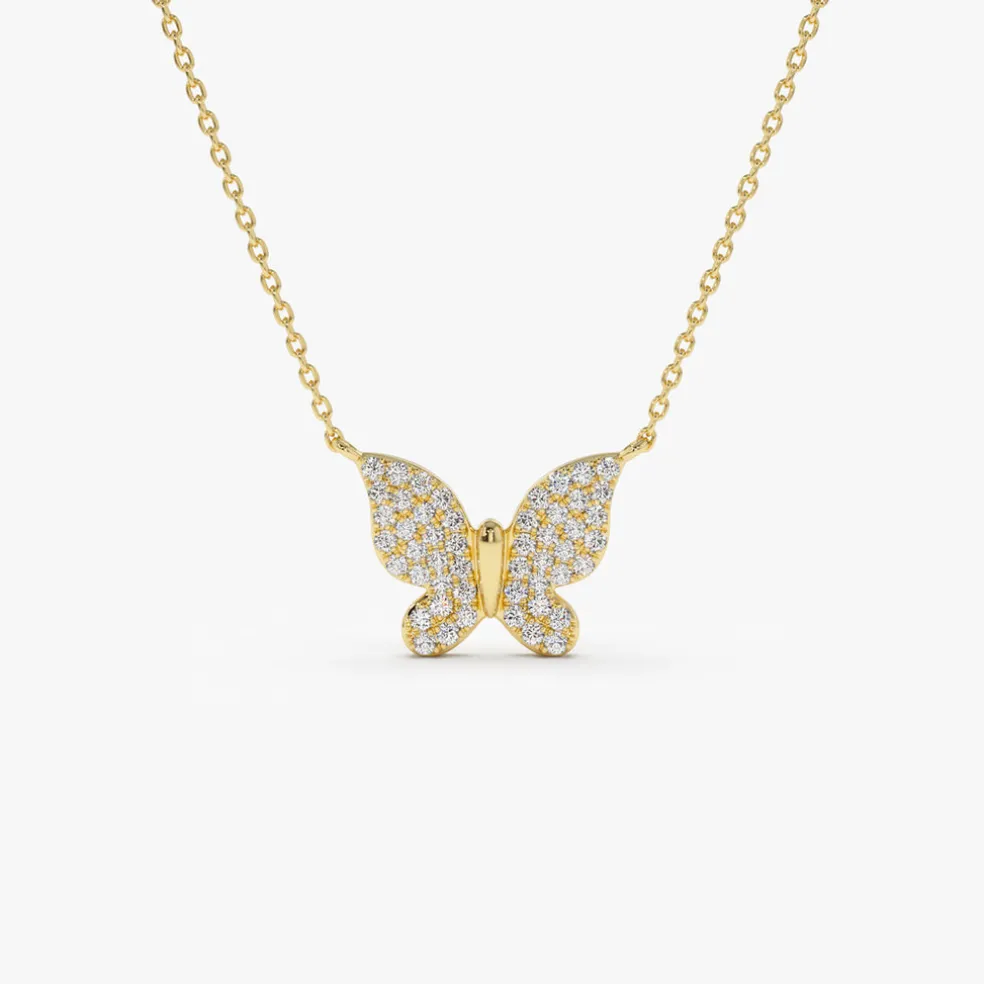 14k Pave Diamond Butterfly Pendant Necklace