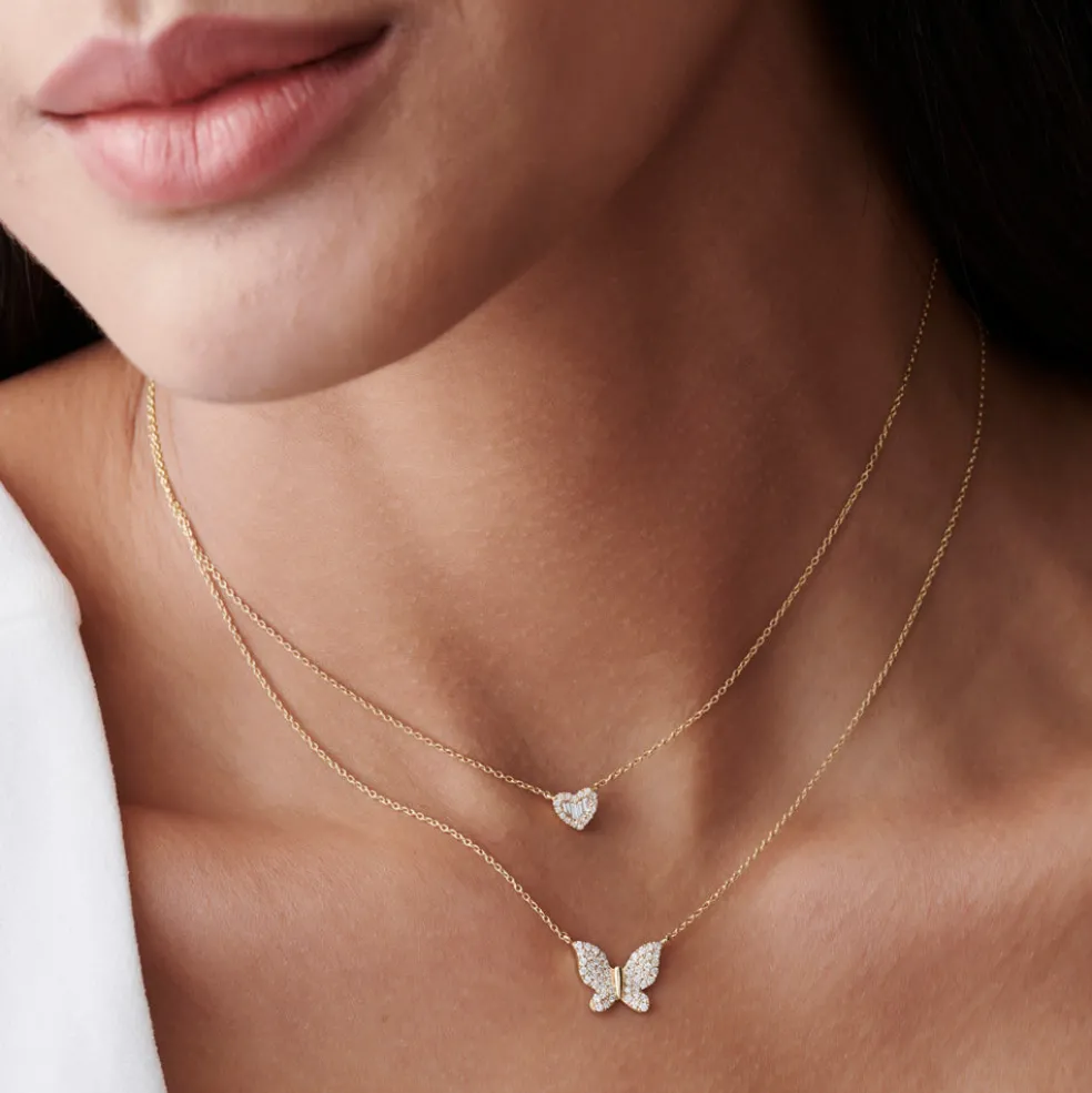 14k Pave Diamond Butterfly Pendant Necklace