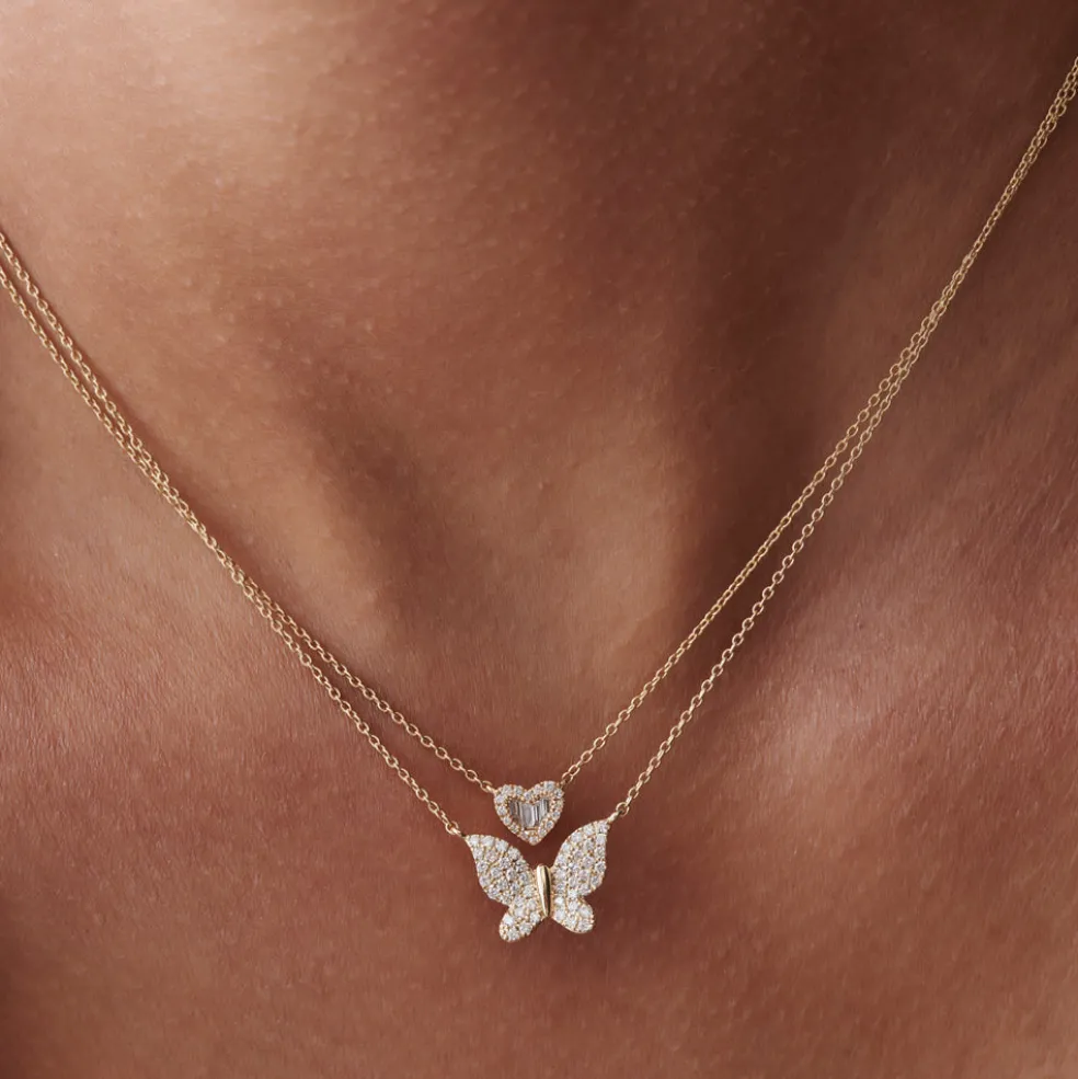 14k Pave Diamond Butterfly Pendant Necklace