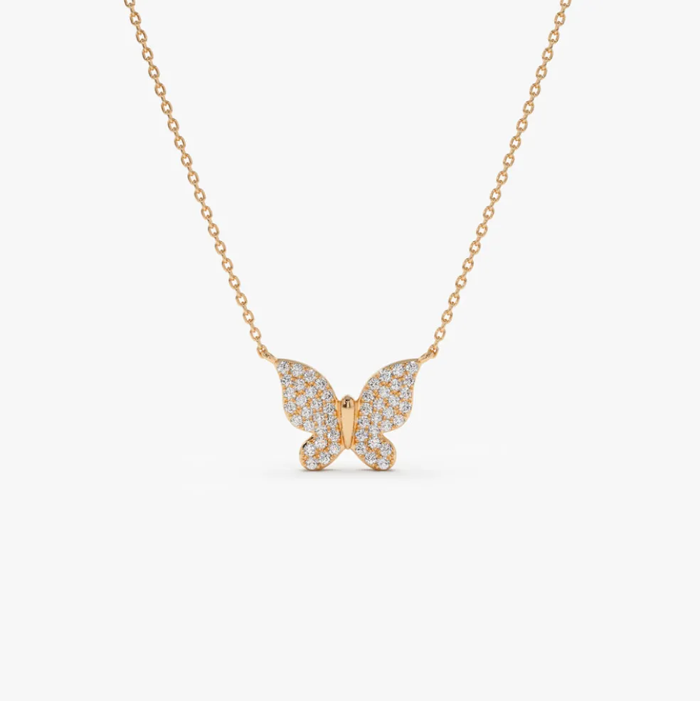 14k Pave Diamond Butterfly Pendant Necklace