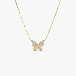 14k Pave Diamond Butterfly Pendant Necklace