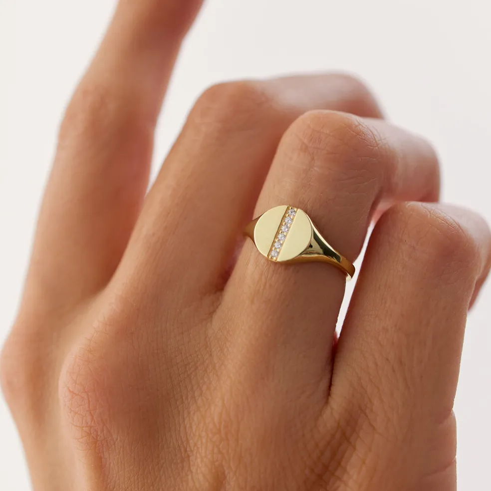 14k Pave Diamond Line Signet Pinky Ring