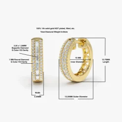 14K Pave Diamonds and Baguette Hoop Earrings