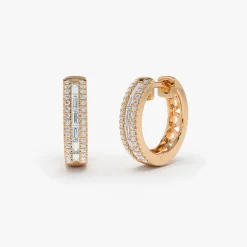 14K Pave Diamonds and Baguette Hoop Earrings