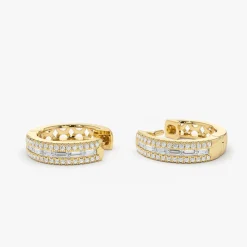 14K Pave Diamonds and Baguette Hoop Earrings