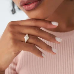 14K Pave Setting Marquise Shaped Diamond Signet Ring
