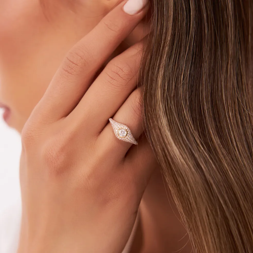14K Pave Setting Round Diamond Signet Ring
