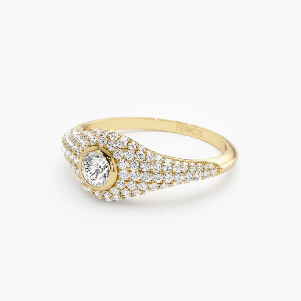 14K Pave Setting Round Diamond Signet Ring