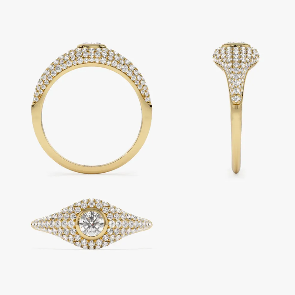 14K Pave Setting Round Diamond Signet Ring