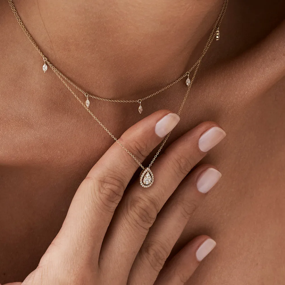 14K Pear Shaped Illusion Setting Halo Diamond Necklace