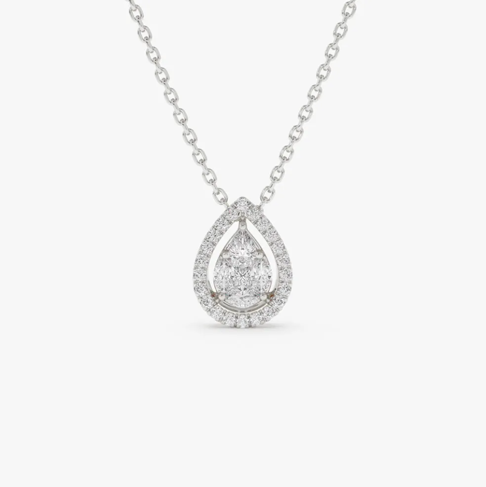 14K Pear Shaped Illusion Setting Halo Diamond Necklace