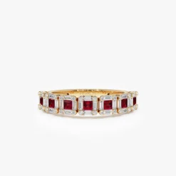 14k Princess Cut Ruby W/ Baguette and Round Diamond Ring