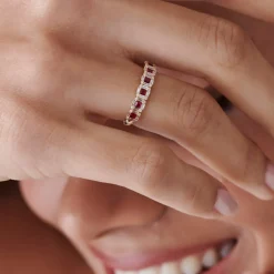14k Princess Cut Ruby W/ Baguette and Round Diamond Ring