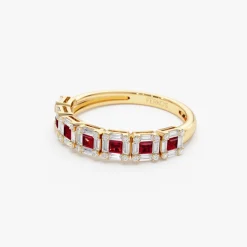 14k Princess Cut Ruby W/ Baguette and Round Diamond Ring