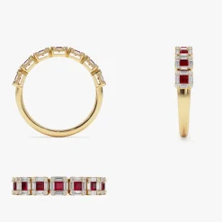 14k Princess Cut Ruby W/ Baguette and Round Diamond Ring