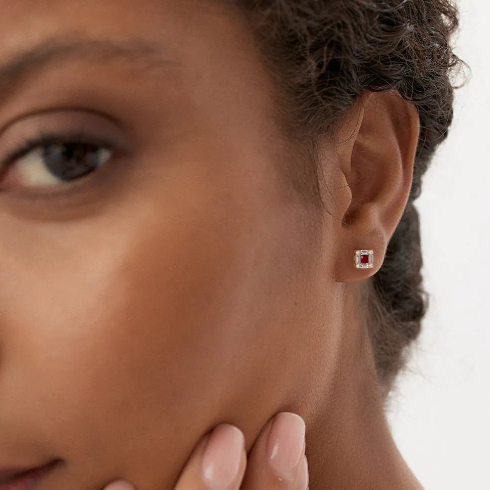 14K Princess-Cut Ruby Stud Earrings with Diamond Halo