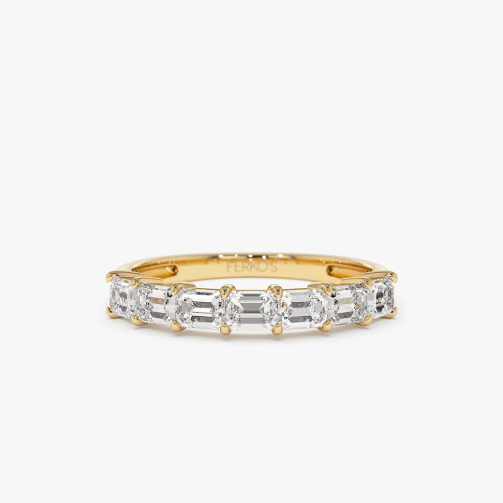 14k Prong Horizontal Set Emerald Cut Diamond Wedding Band