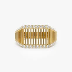 14k Ribbed Unique Design Diamond Signet Ring