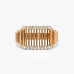 14k Ribbed Unique Design Diamond Signet Ring