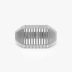14k Ribbed Unique Design Diamond Signet Ring