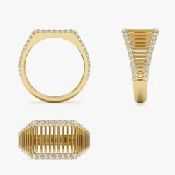 14k Ribbed Unique Design Diamond Signet Ring