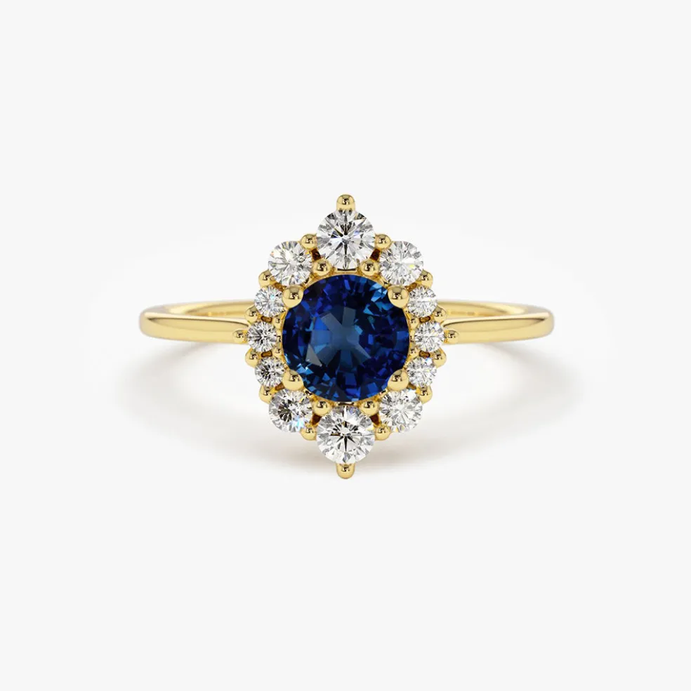 14k Round Sapphire Halo Diamond Engagement Ring