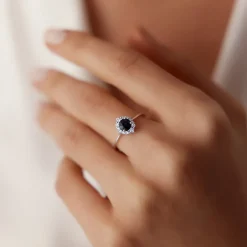 14k Round Sapphire Halo Diamond Engagement Ring