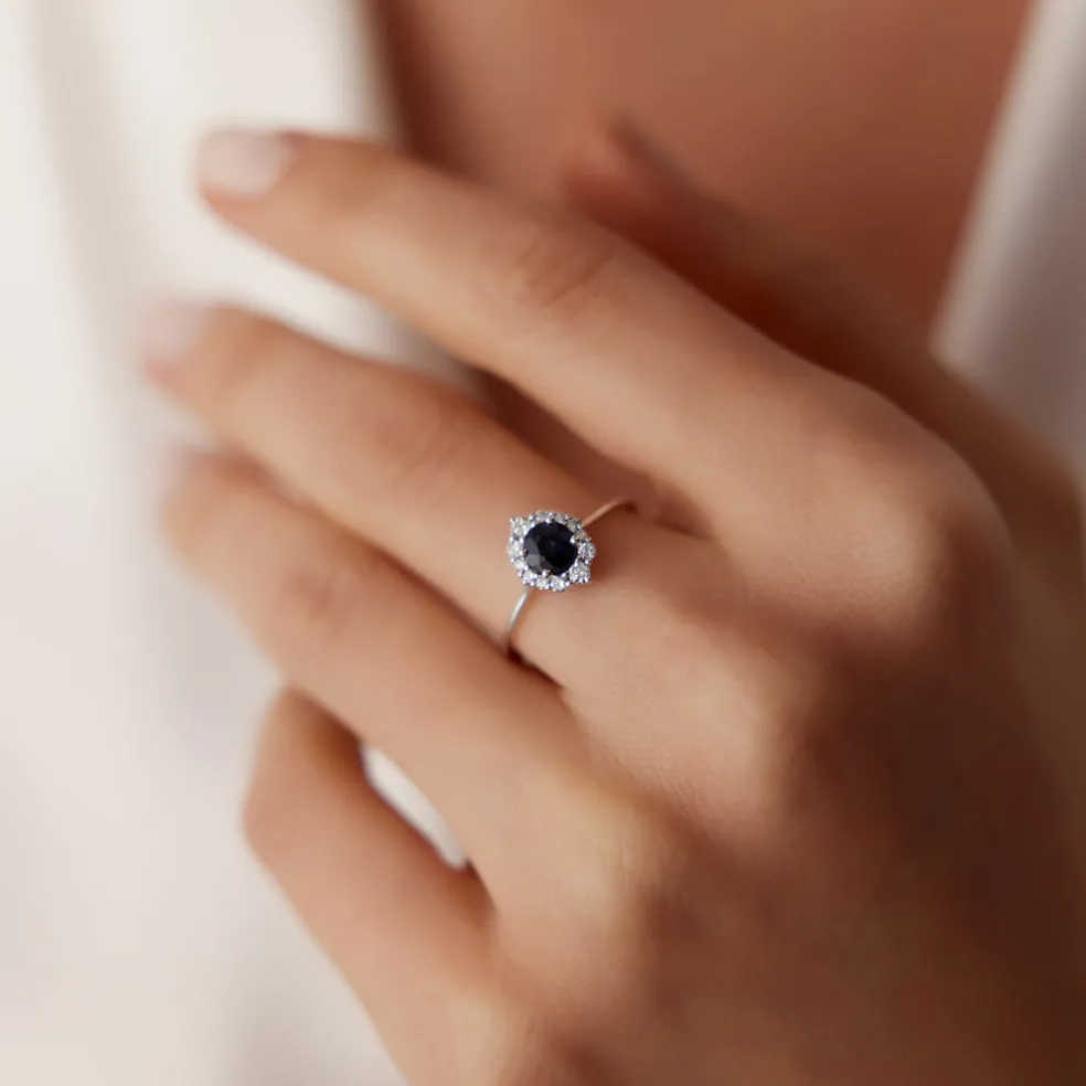 14k Round Sapphire Halo Diamond Engagement Ring