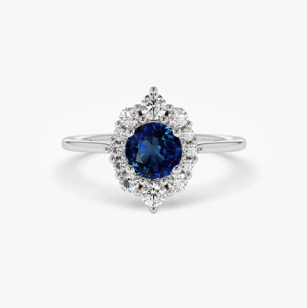14k Round Sapphire Halo Diamond Engagement Ring