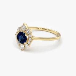 14k Round Sapphire Halo Diamond Engagement Ring