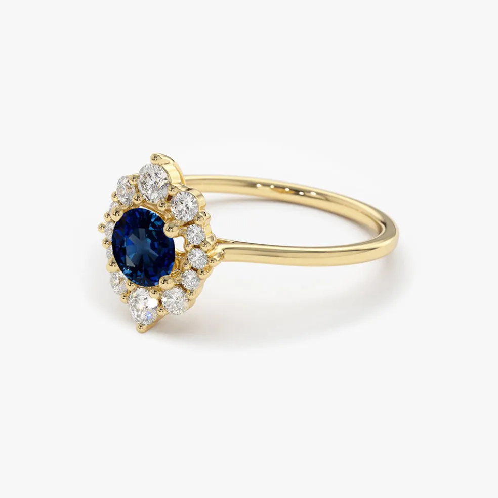 14k Round Sapphire Halo Diamond Engagement Ring