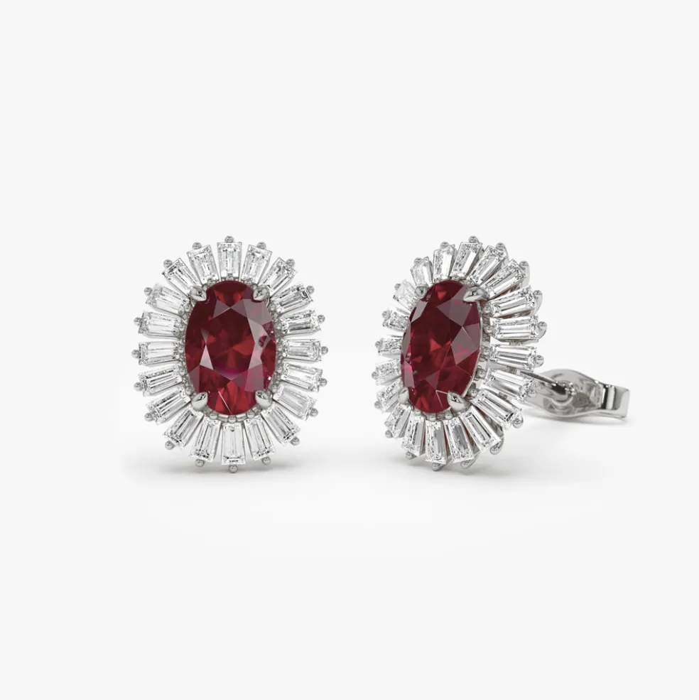 14k Ruby and Baguette Diamond Ballerina Stud Earrings