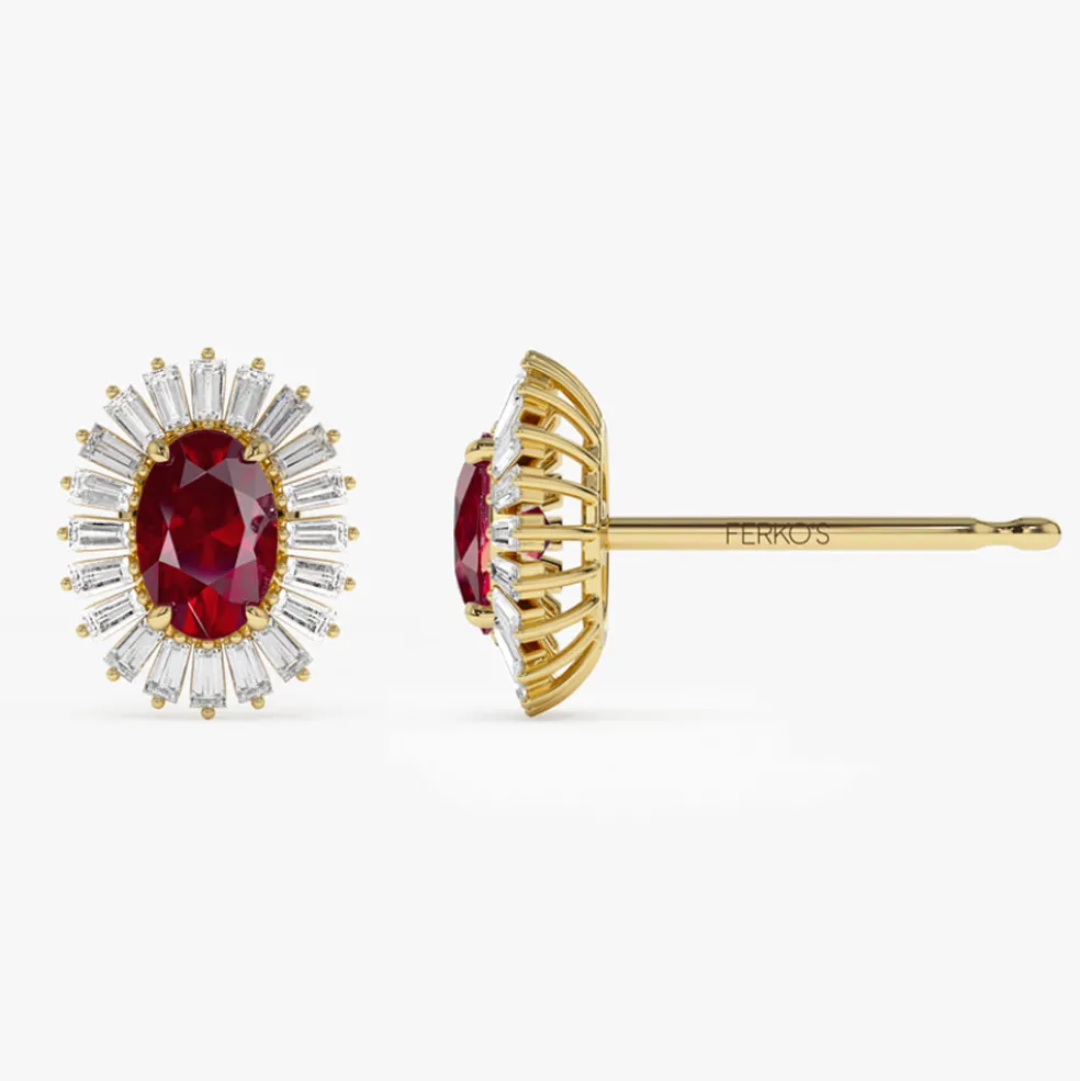 14k Ruby and Baguette Diamond Ballerina Stud Earrings
