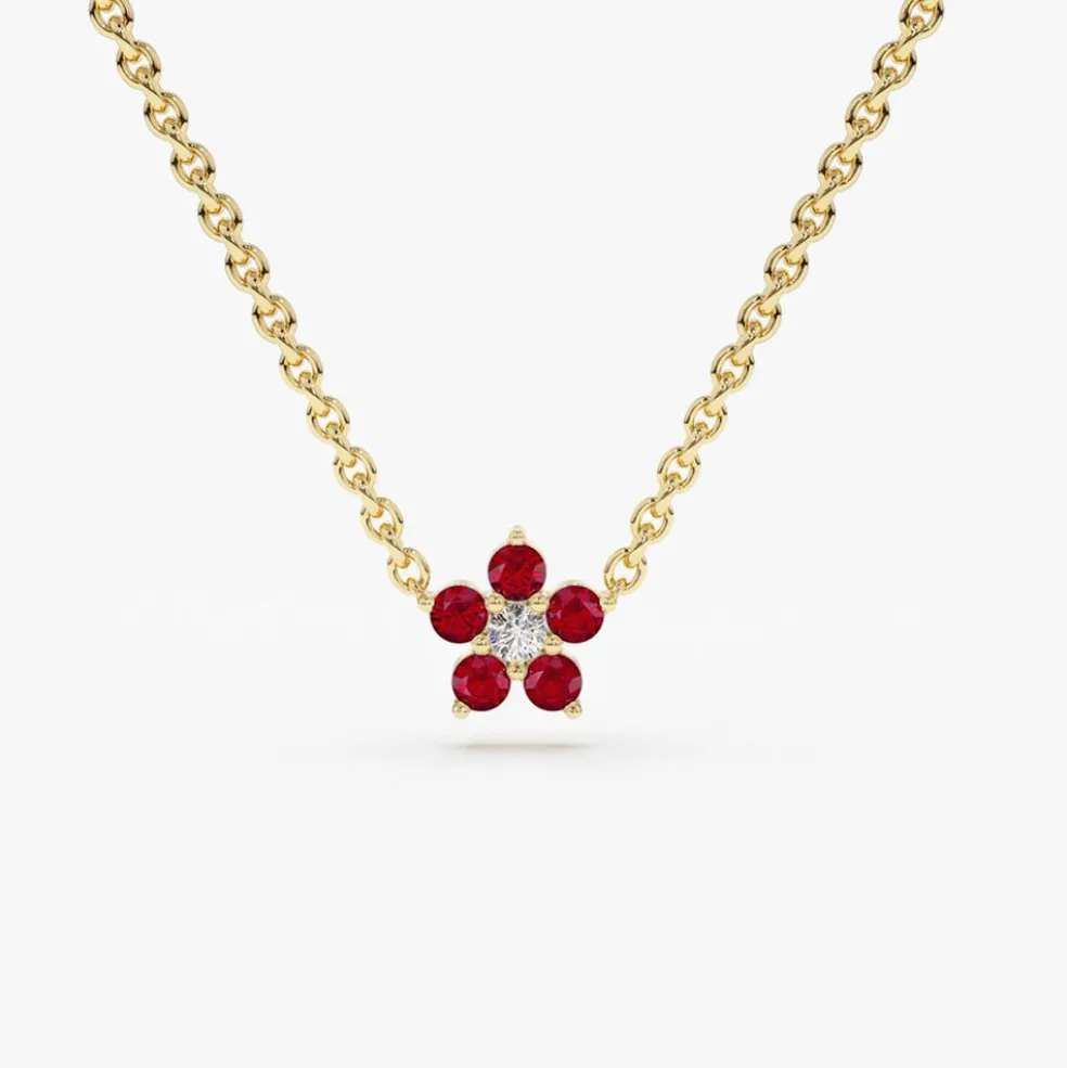 14K Ruby and Diamond Flower Charm Necklace