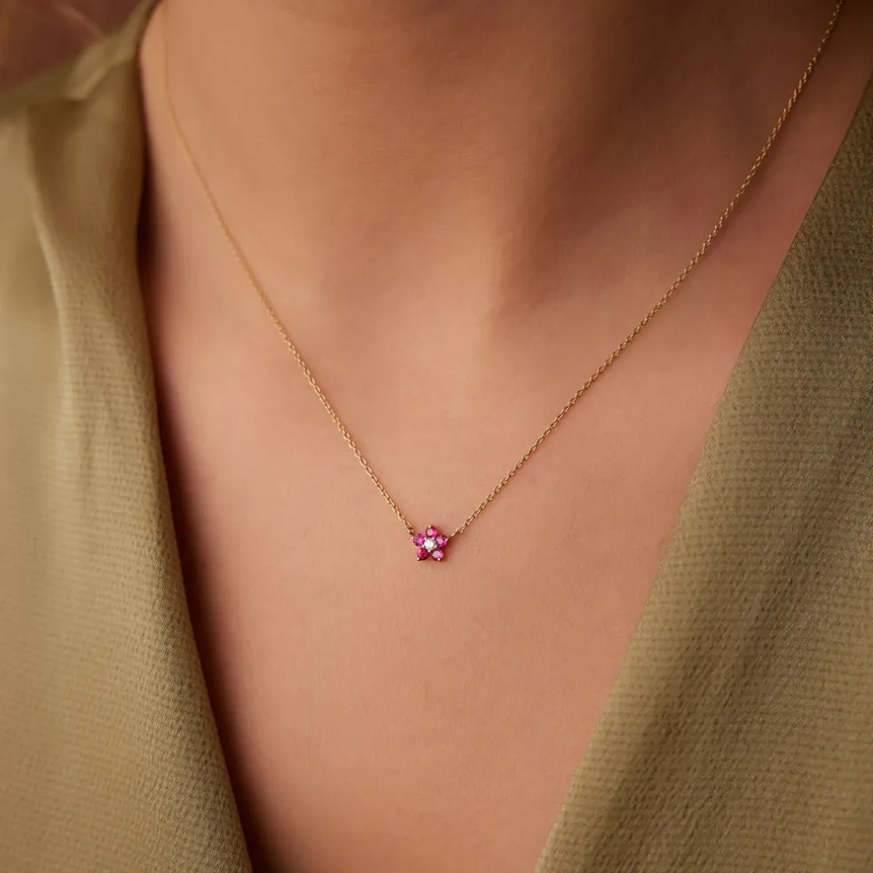 14K Ruby and Diamond Flower Charm Necklace
