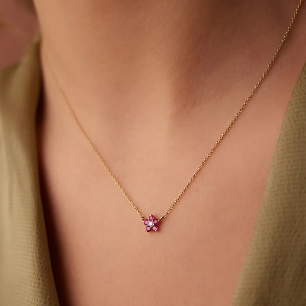 14K Ruby and Diamond Flower Charm Necklace