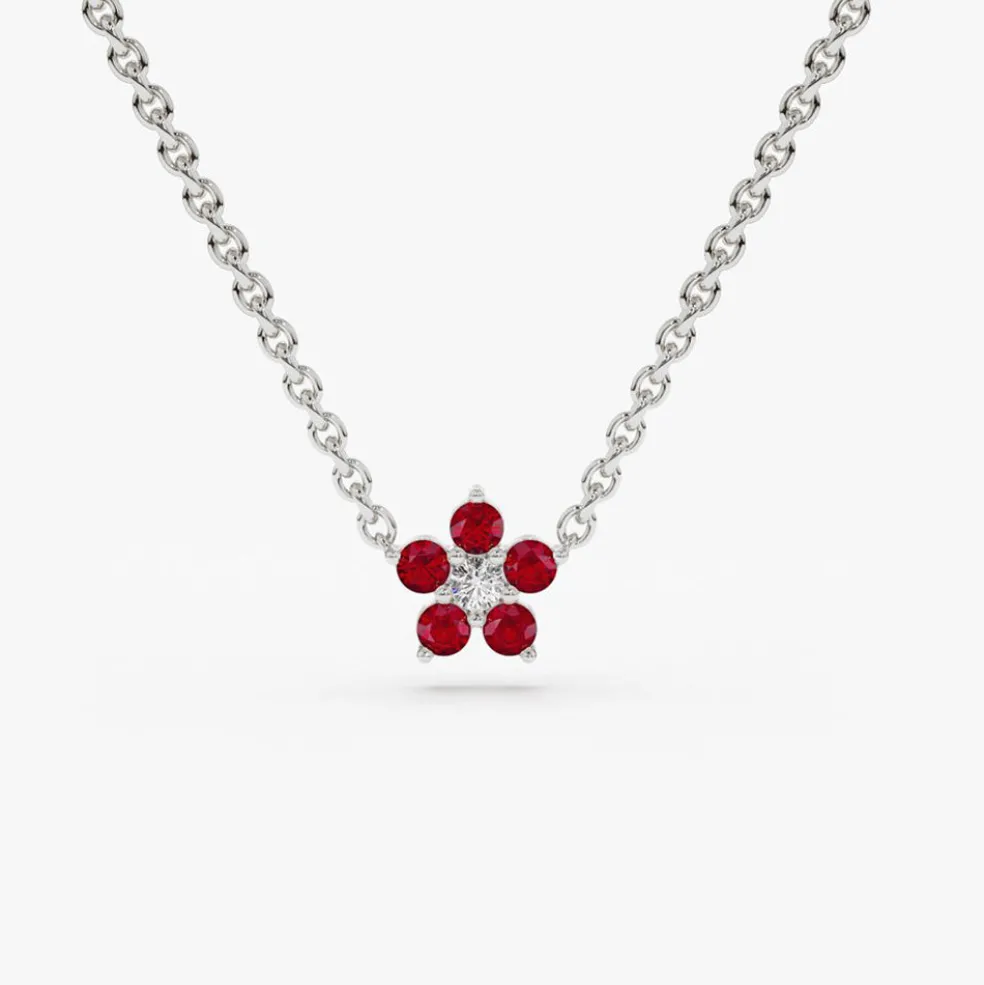 14K Ruby and Diamond Flower Charm Necklace