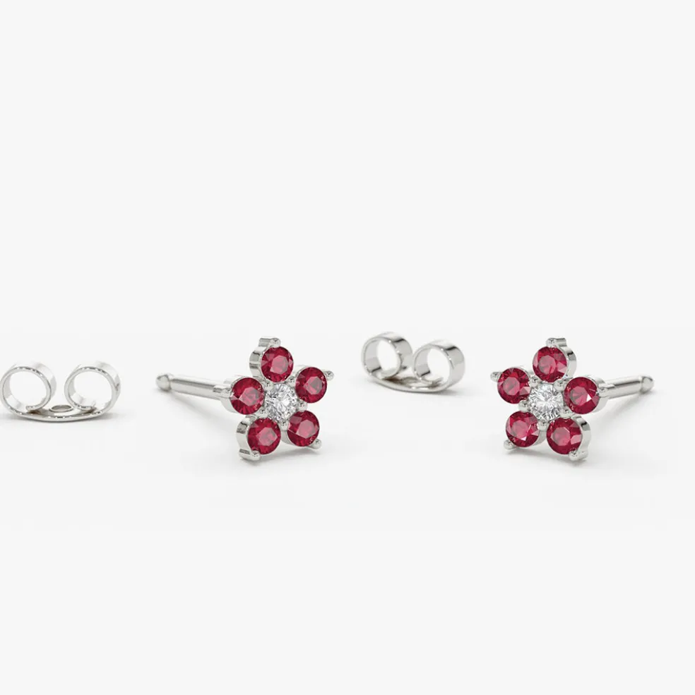 14K Ruby and Diamond Flower Studs