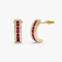 14k Ruby and Round Diamond Hoop Earrings