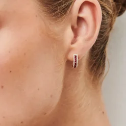 14k Ruby and Round Diamond Hoop Earrings
