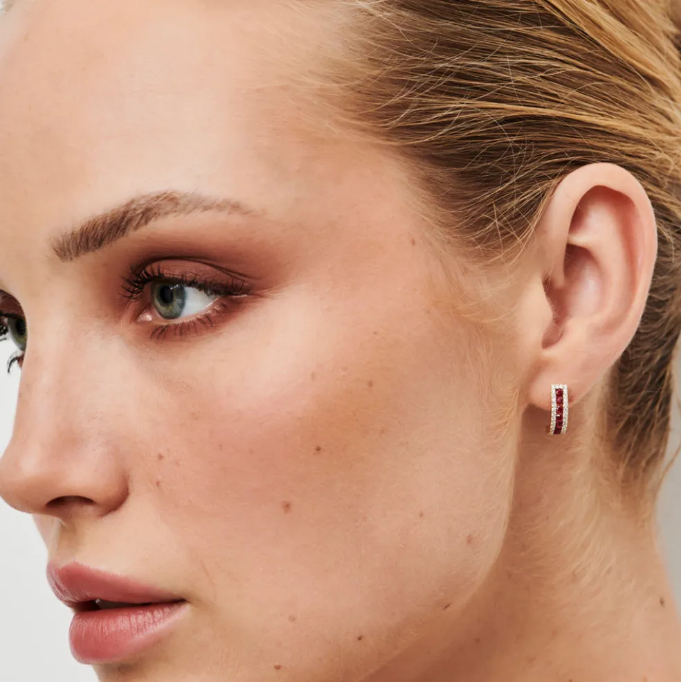 14k Ruby and Round Diamond Hoop Earrings