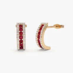 14k Ruby and Round Diamond Hoop Earrings