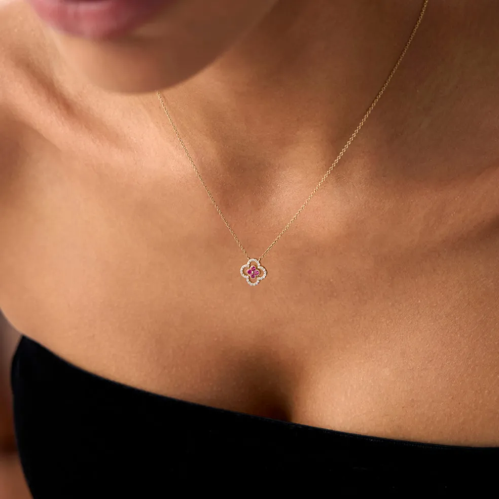 14k Ruby Clover Necklace in Halo Setting