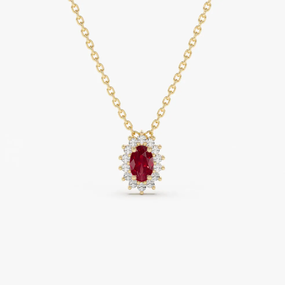 14k Ruby Necklace with Halo Diamonds
