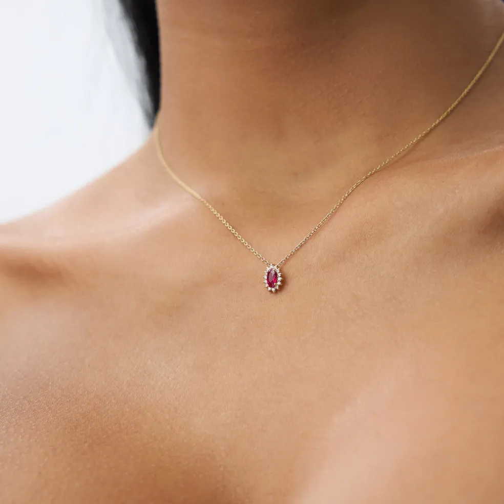 14k Ruby Necklace with Halo Diamonds