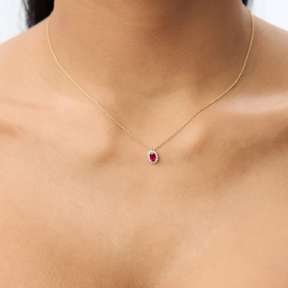 14k Ruby Necklace with Halo Diamonds